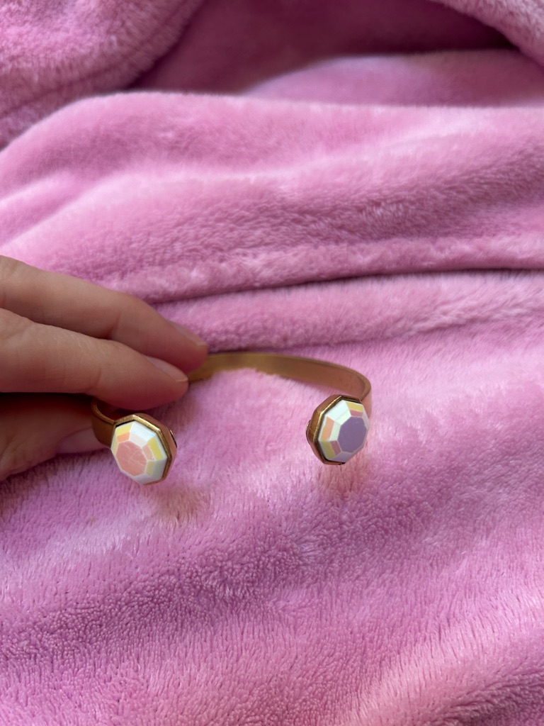 Gold Cuff Bracelet, Adjustable, Iridescent, Pearl Gem — image 2 of 4